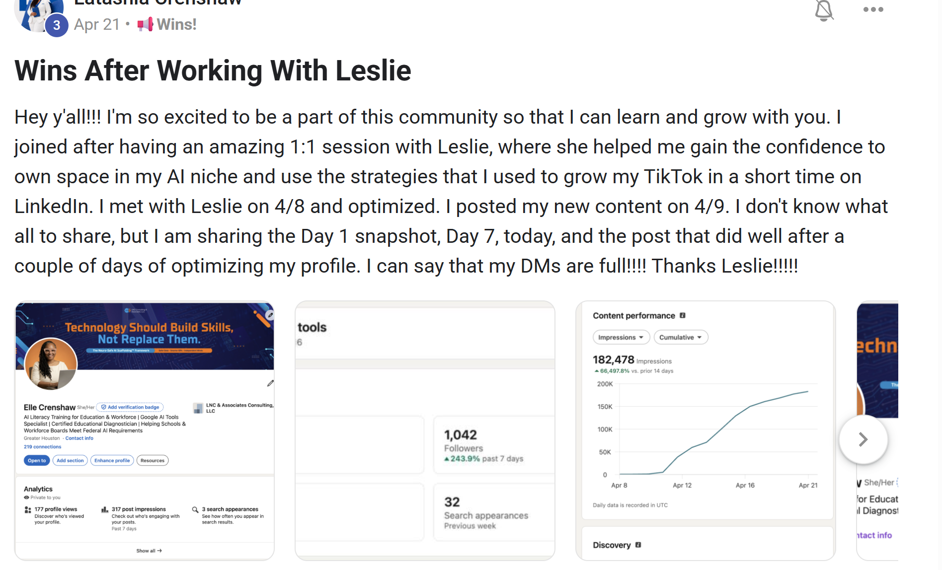 LinkedIn post: 243.9% follower growth and 182,478 impressions after working with Leslie
