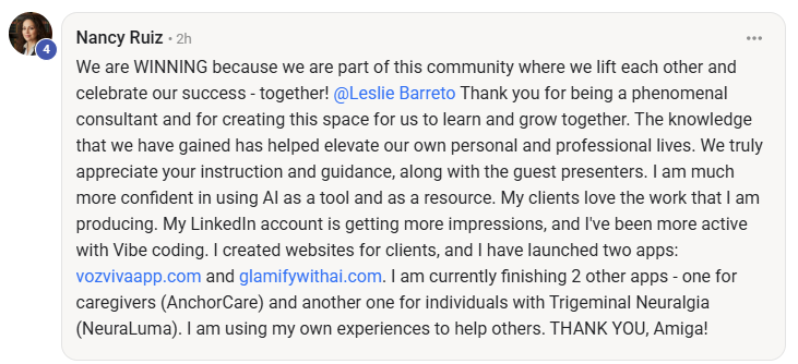 Nancy Ruiz testimonial about launching apps and growing LinkedIn